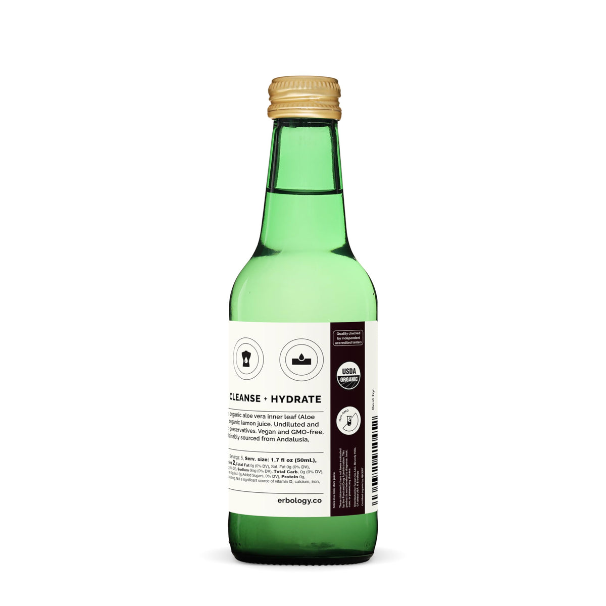 Bouteille de jus d'aloe vera Erbology avec un fond de fruits