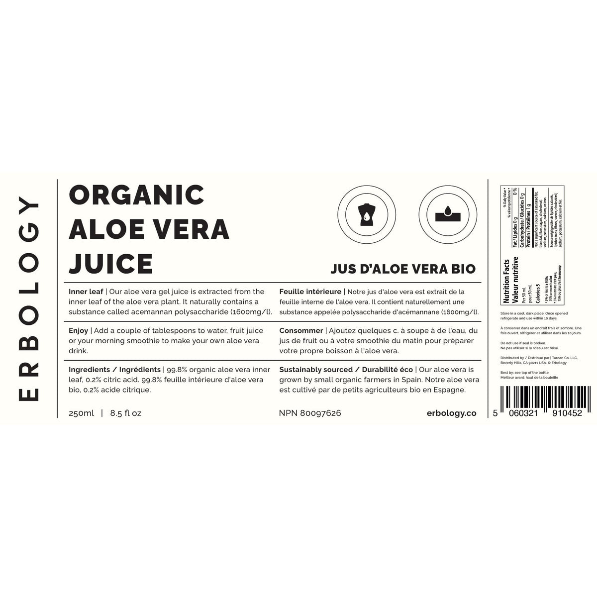 Bouteille de jus d'aloe vera Erbology dans un environnement naturel