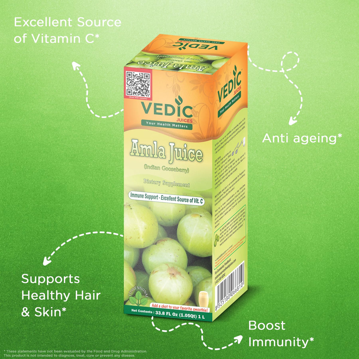 Bouteille de jus d'Amla Vedic Juices 1L avec étiquette visible
