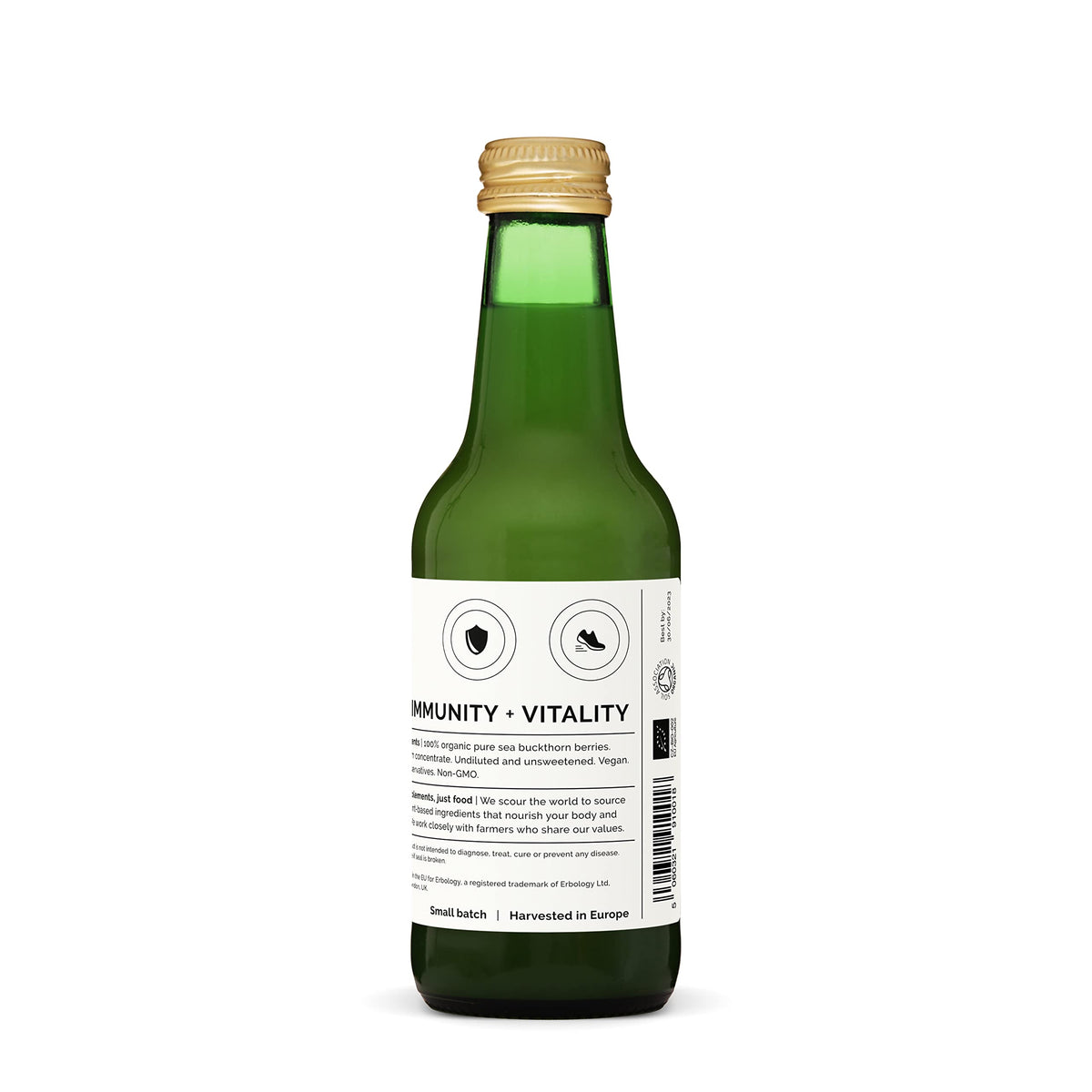 Bouteille de jus de baies de sorbier Erbology dans un environnement naturel
