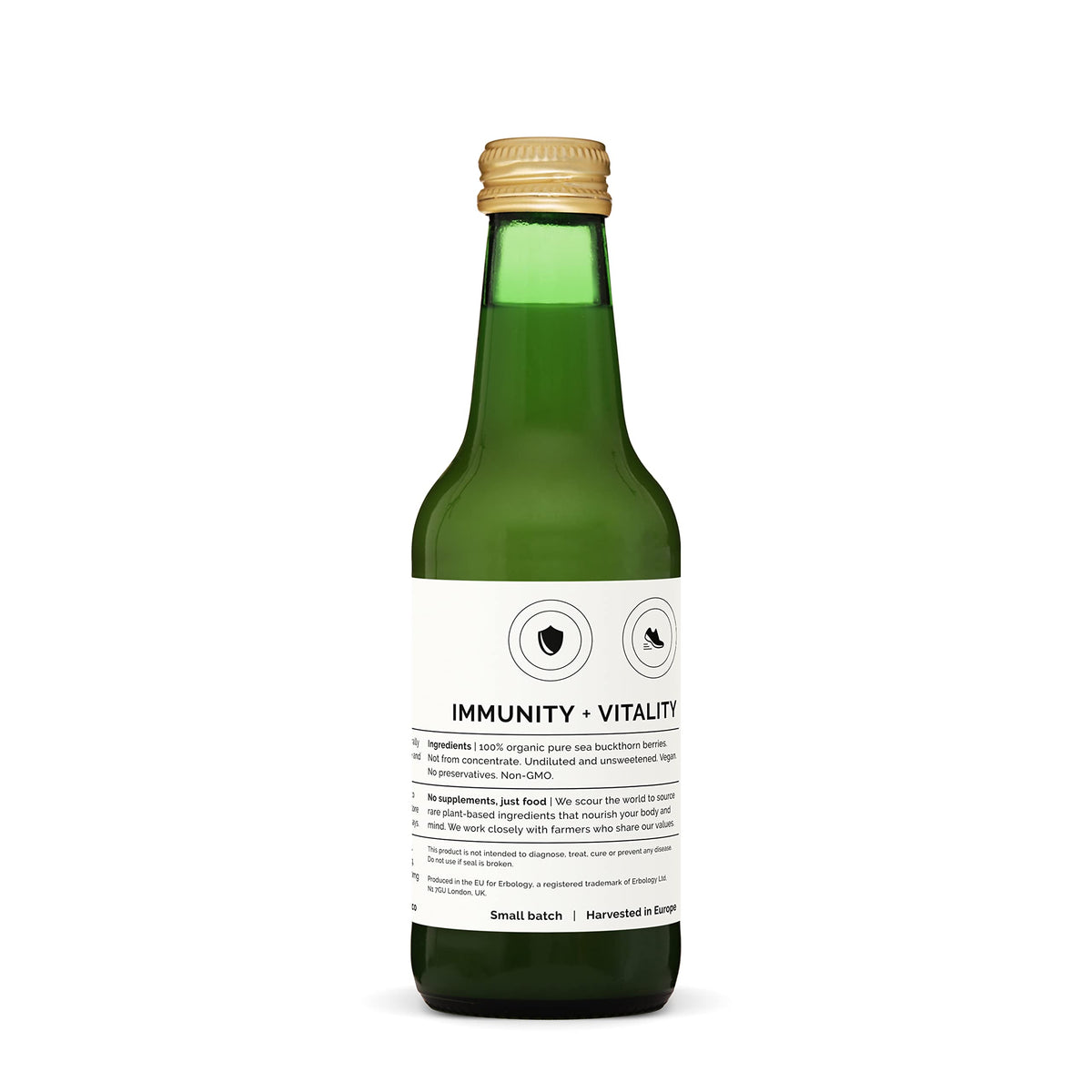 Bouteille de jus de baies de sorbier Erbology ouverte avec un verre à côté
