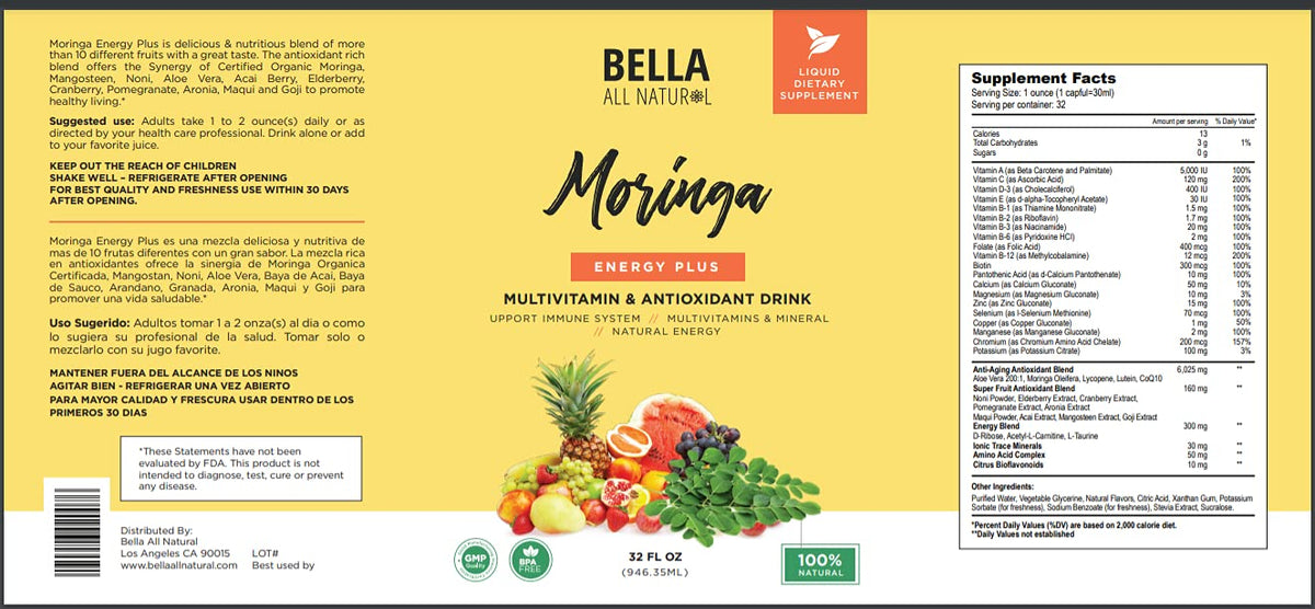 Bouteille de jus de moringa Bella All Natural avec verre à côté