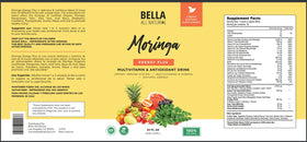 Bouteille de jus de moringa Bella All Natural avec verre à côté