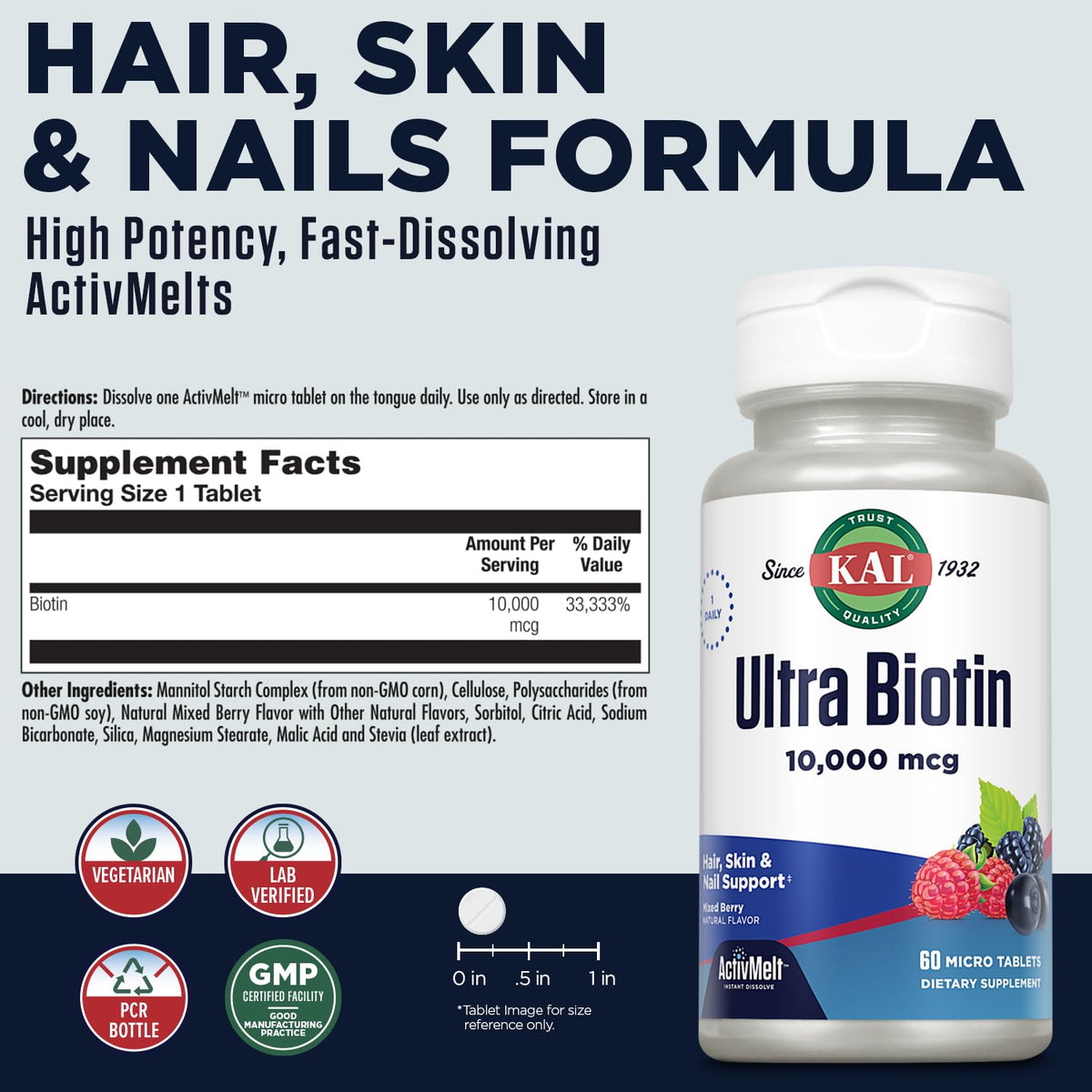 Bouteille de KAL Ultra Biotin 10000mcg vue de côté