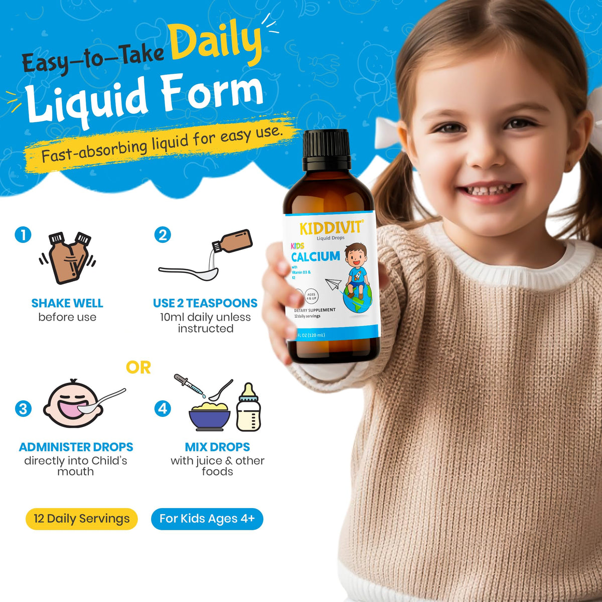 Bouteille de Kiddivit Calcium Liquide pour Enfants sur fond neutre