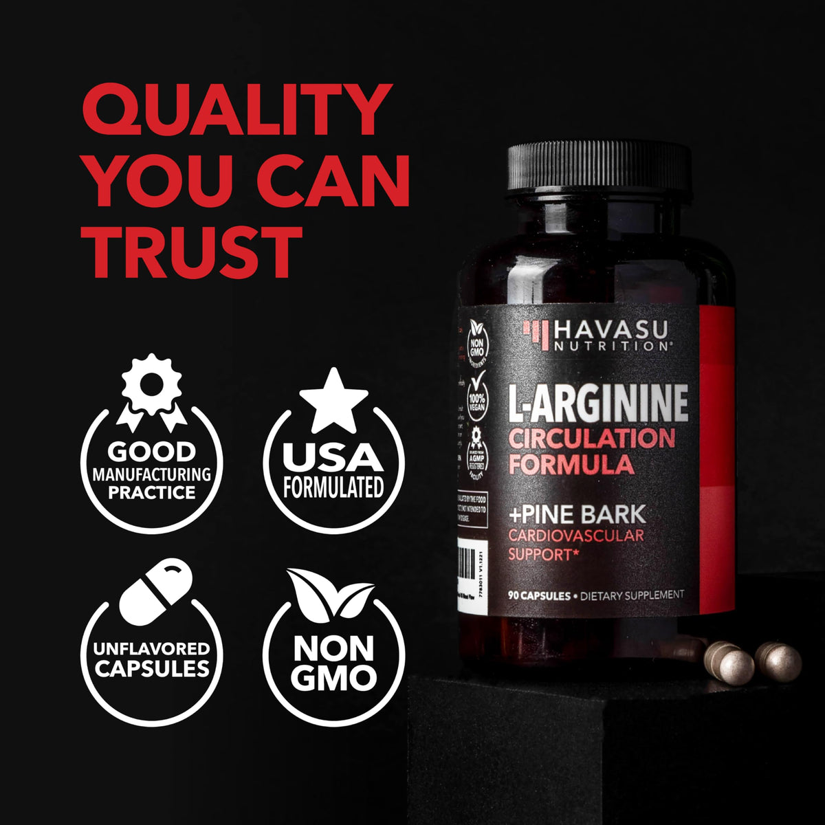 Bouteille de L-Arginine ouverte avec capsules visibles