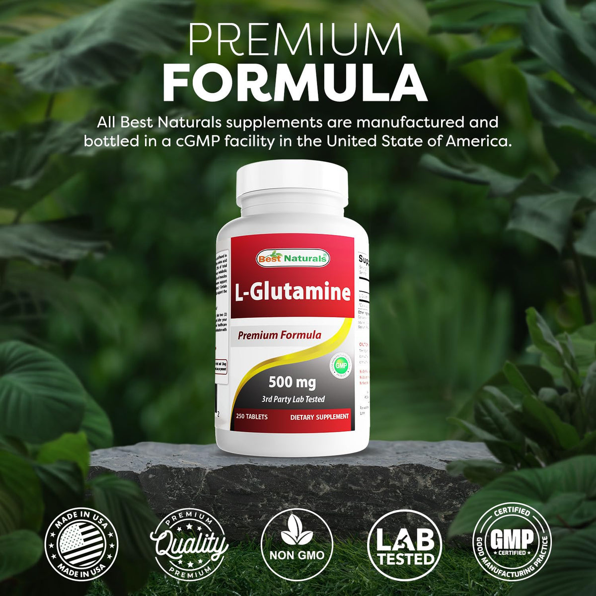 Bouteille de L-Glutamine sur un fond en bois