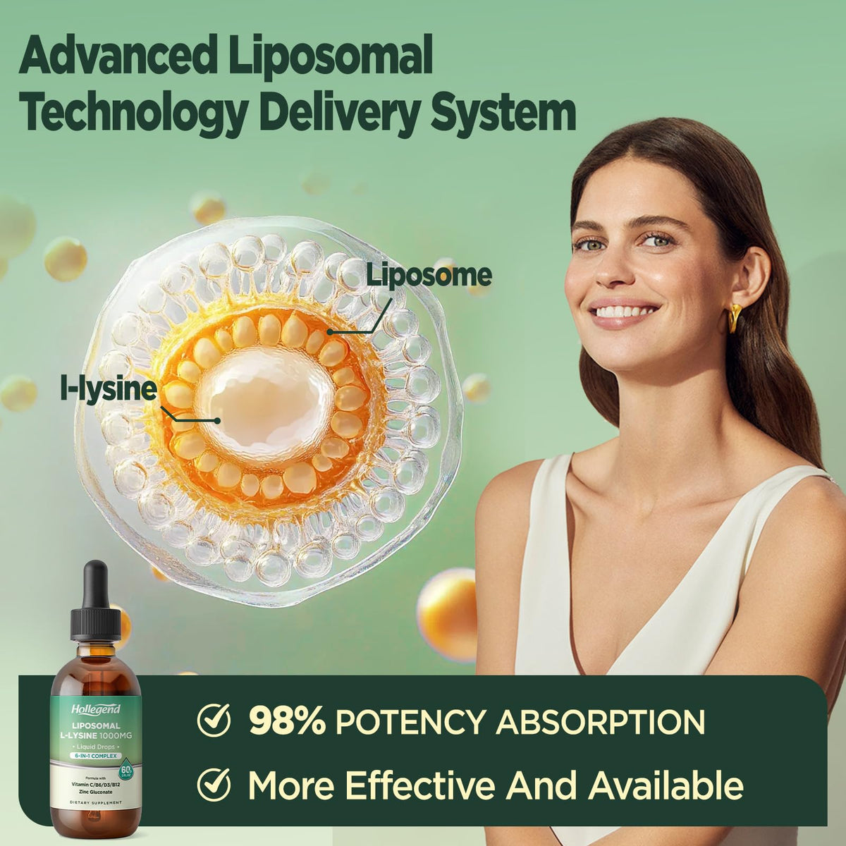 Bouteille de L-Lysine 1000MG HOLLEGEND avec citron en arrière-plan