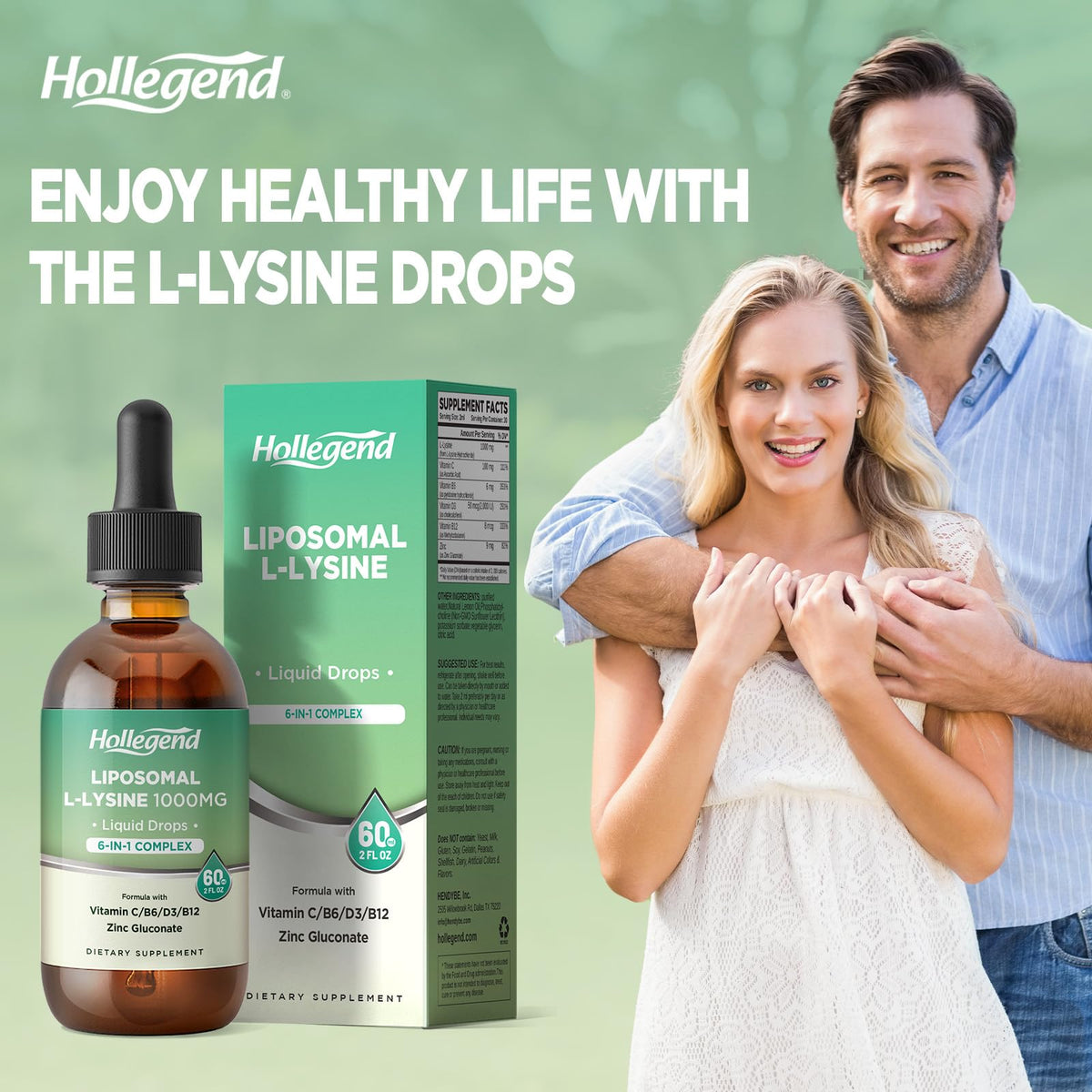 Bouteille de L-Lysine 1000MG HOLLEGEND avec des ingrédients en arrière-plan