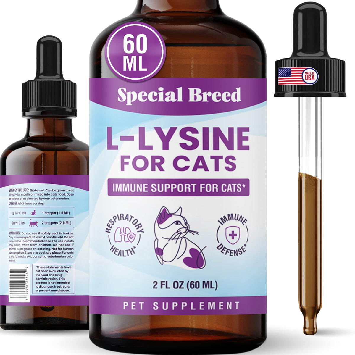 Bouteille de L-Lysine pour chats Special Breed 250mg vue de face