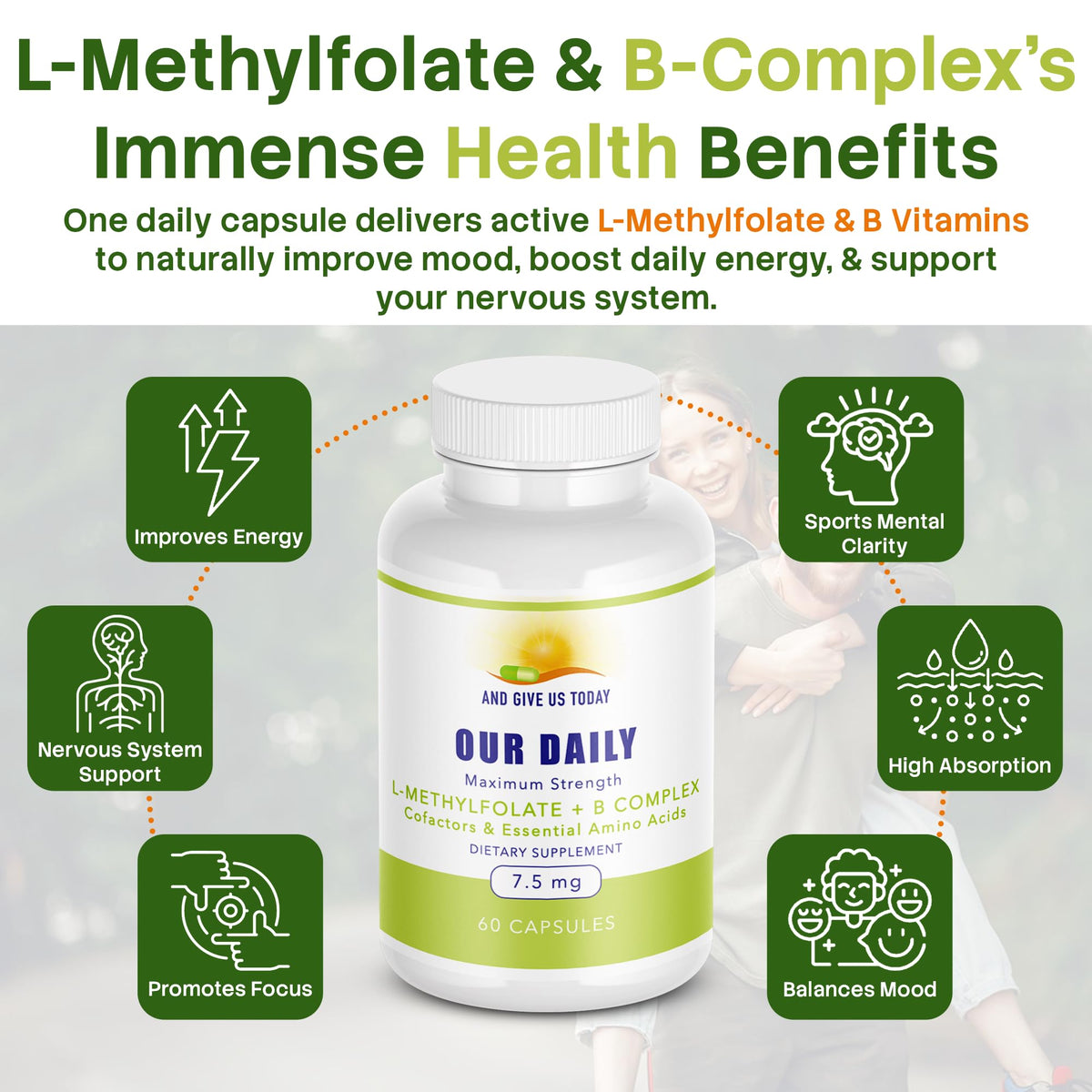 Bouteille de L-Méthylfolate B Complex ouverte montrant les gélules
