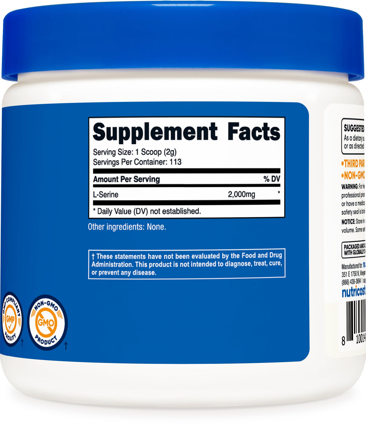 Bouteille de L-Serine Nutricost sur fond blanc