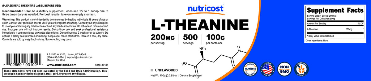 Bouteille de L-Théanine Nutricost sur une surface en bois