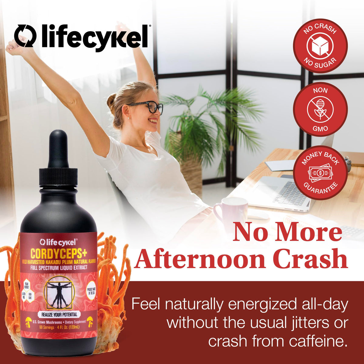 Bouteille de Life Cykel Pack Champignons sur une table en bois
