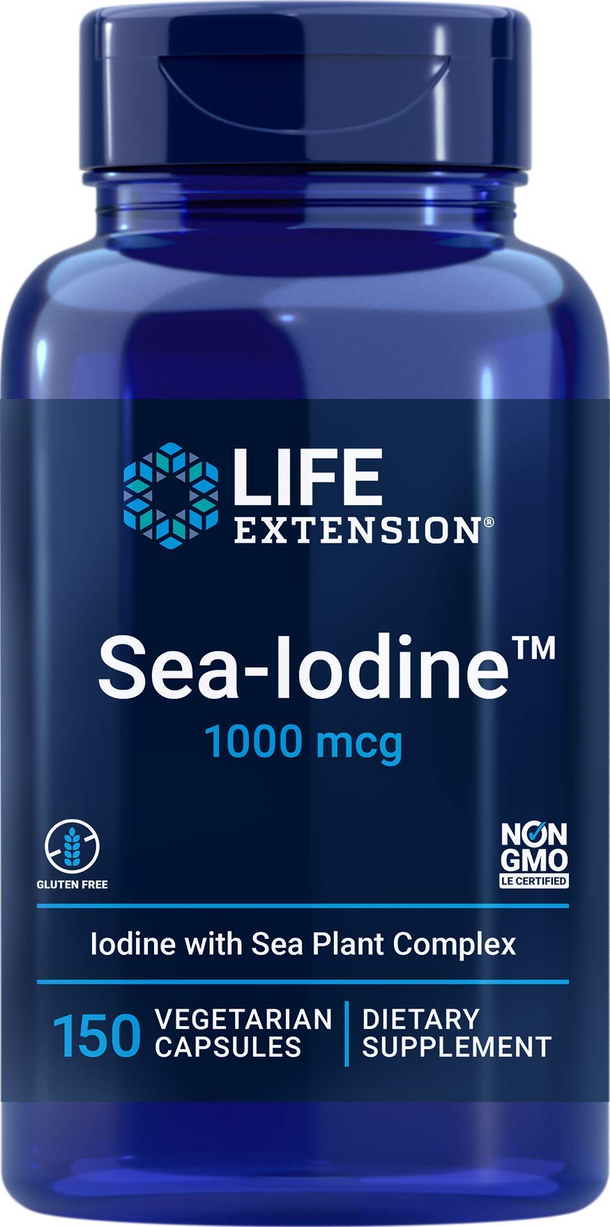 Bouteille de Life Extension Iode de Mer 1000 mcg 150 capsules végétariennes