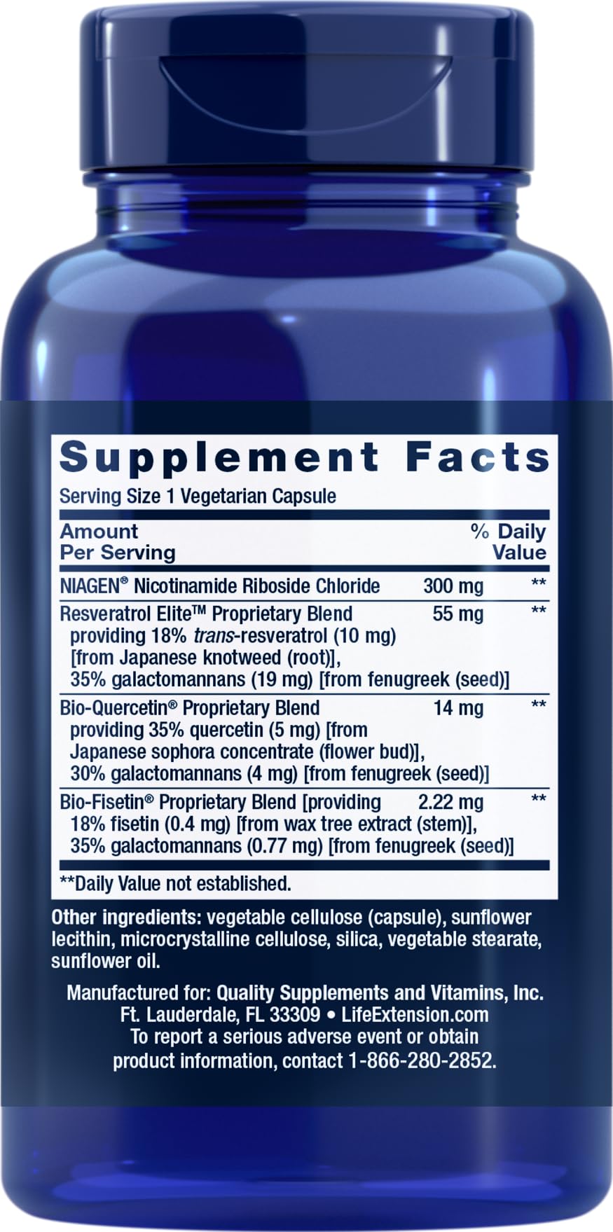 Bouteille de Life Extension NAD+ Cell Regenerator et Resveratrol Elite avec étiquette