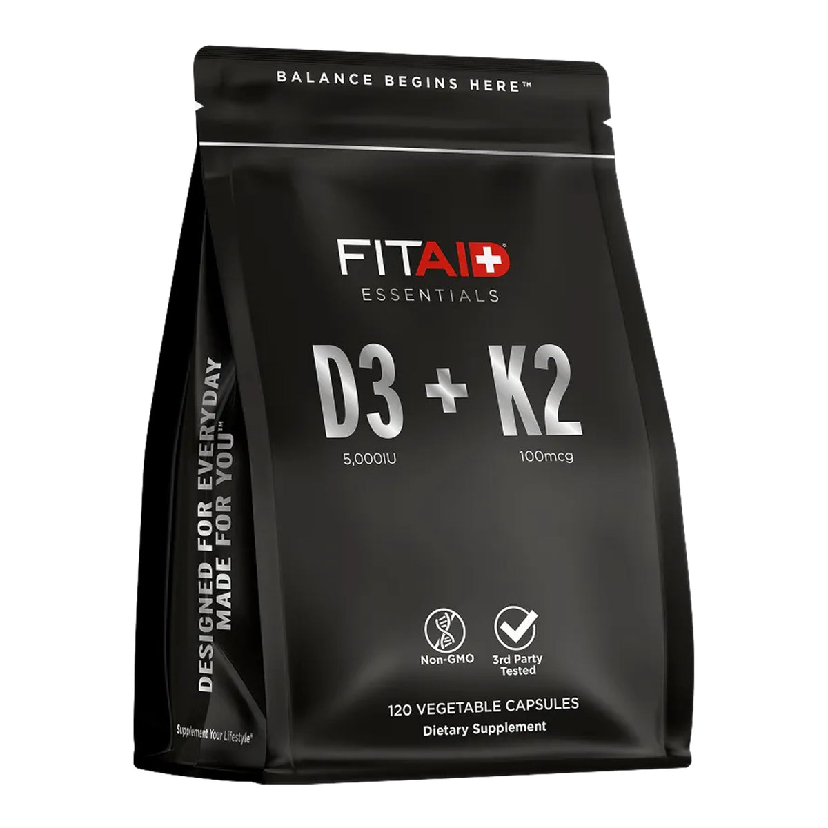 Bouteille de LIFEAID FITAID Essentials Vitamine D3 K2 5000 UI 120 Capsules