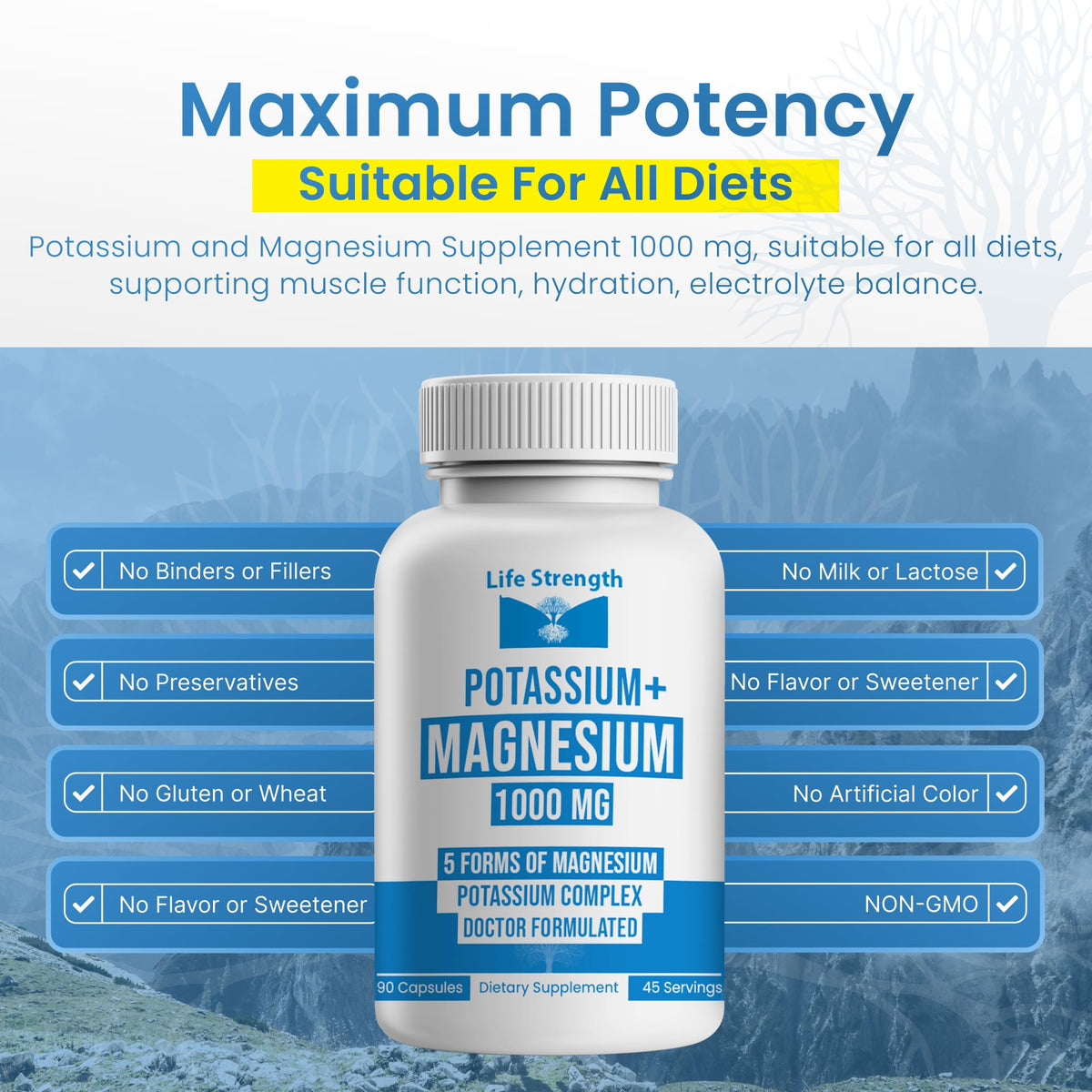 Bouteille de LifeStrength Potassium Magnésium avec un fond naturel