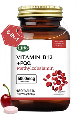 Bouteille de LIIFE Methylcobalamin B12 5000 mcg avec étiquette cerise