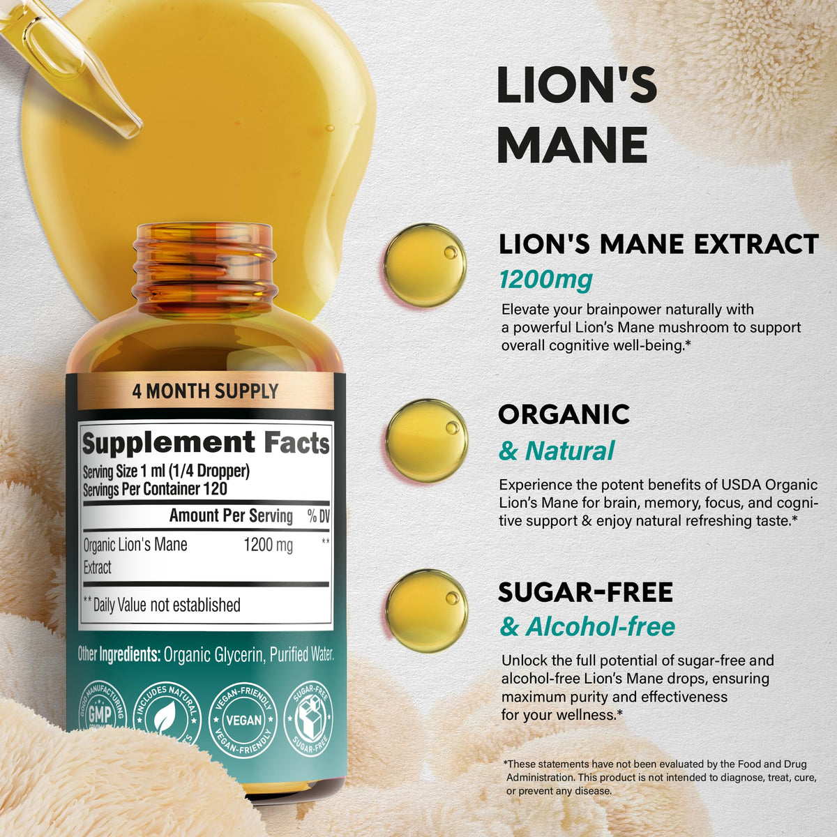 Bouteille de Lion's Mane sur un fond de bureau avec un livre