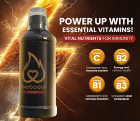 Bouteille de LIVEBOOST 480ml avec fruits en arrière-plan