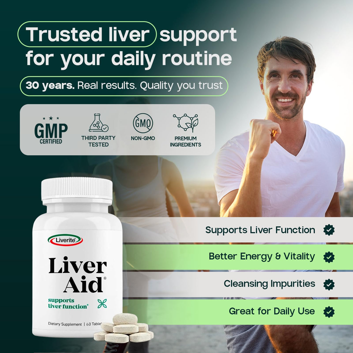 Bouteille de LIVERITE sur une table avec des aliments sains