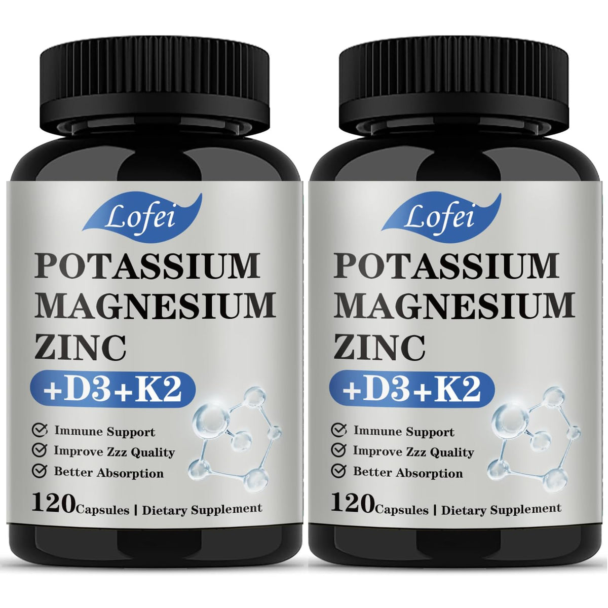 Bouteille de Lofei Complément Alimentaire Potassium Magnésium Zinc 120 Capsules vue de face