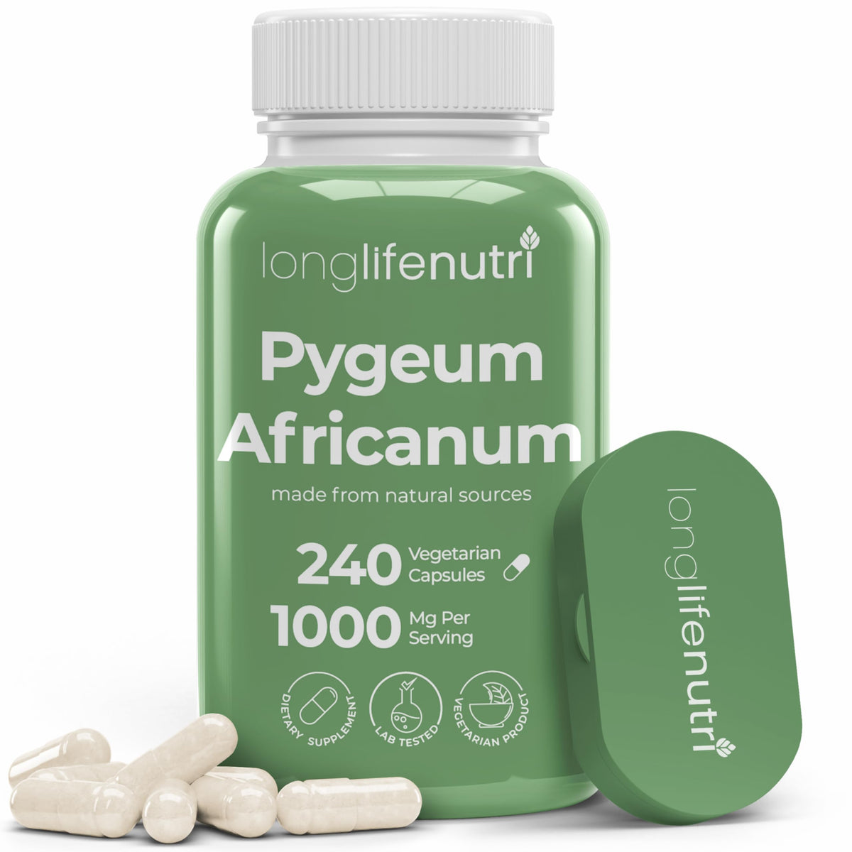 Bouteille de LongLifeNutri Extrait d'Écorce de Pygeum Africain 240 Capsules Végétariennes