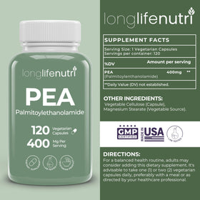 Bouteille de LongLifeNutri Palmitoylethanolamide avec étiquette détaillée