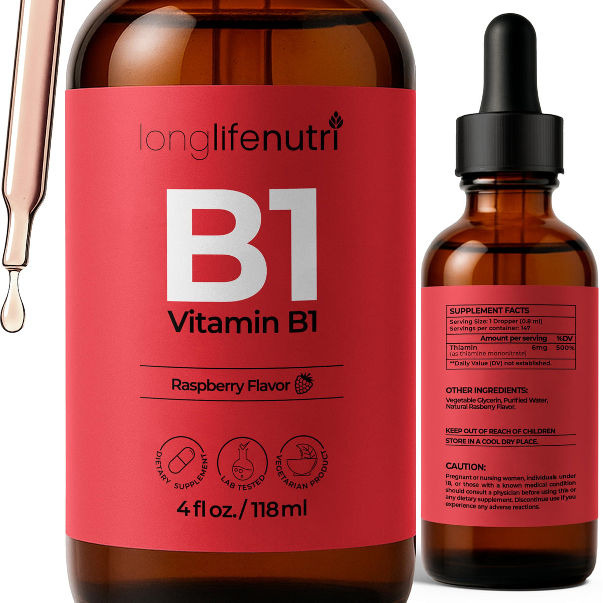 Bouteille de LongLifeNutri Vitamine B1 Gouttes Liquides 4 FL OZ vue de face