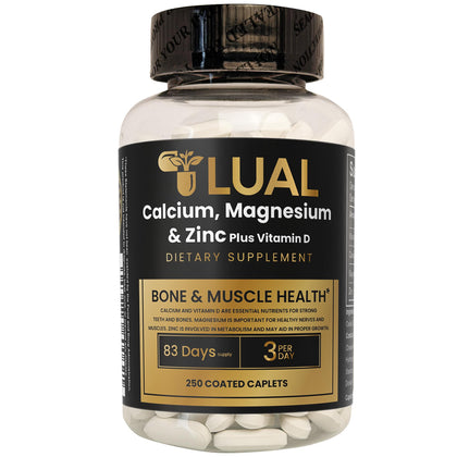 Bouteille de LUAL Calcium Magnésium Zinc Vitamine D 250 comprimés vue de face