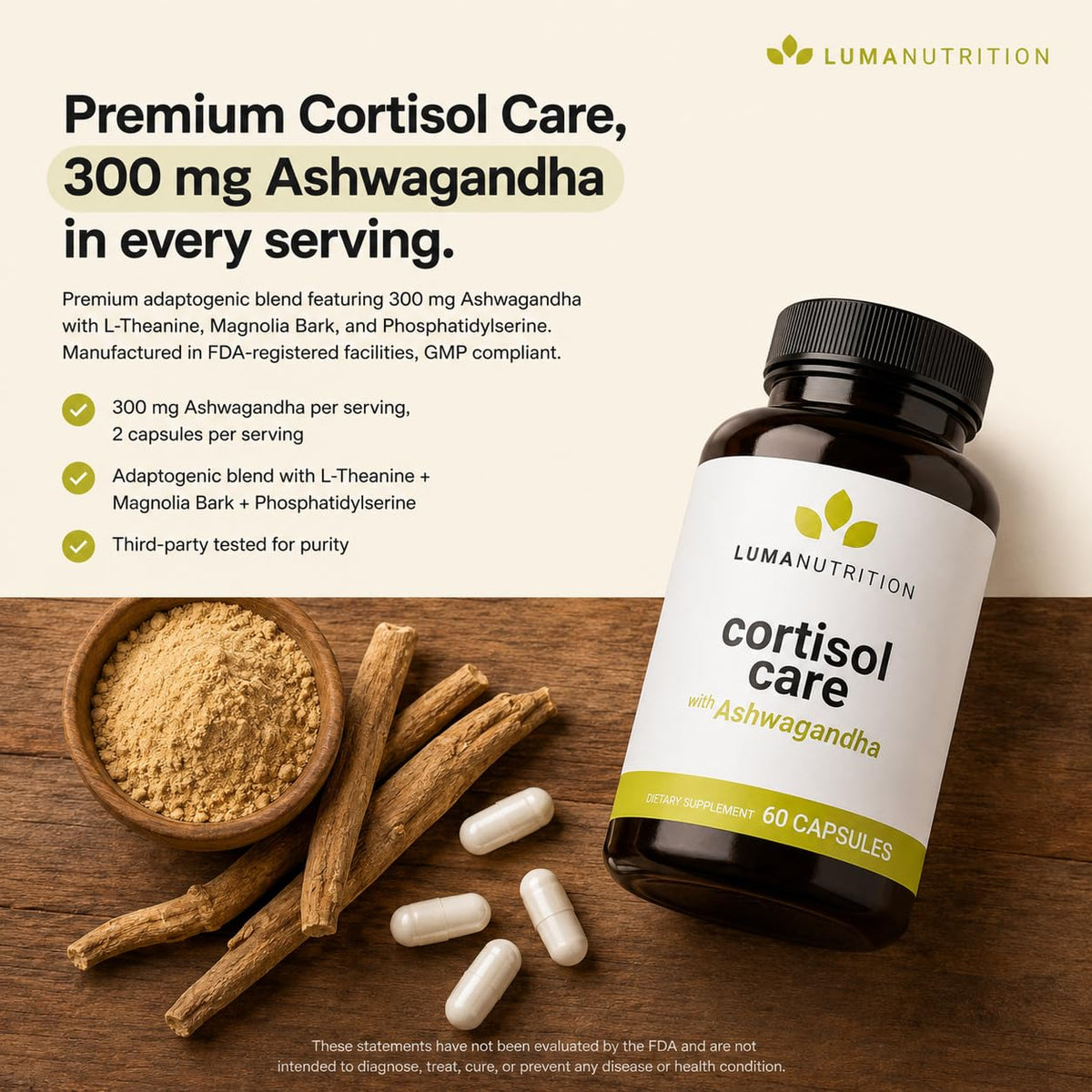Bouteille de Luma Nutrition Complément Cortisol sur fond blanc