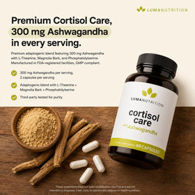 Bouteille de Luma Nutrition Complément Cortisol sur fond blanc