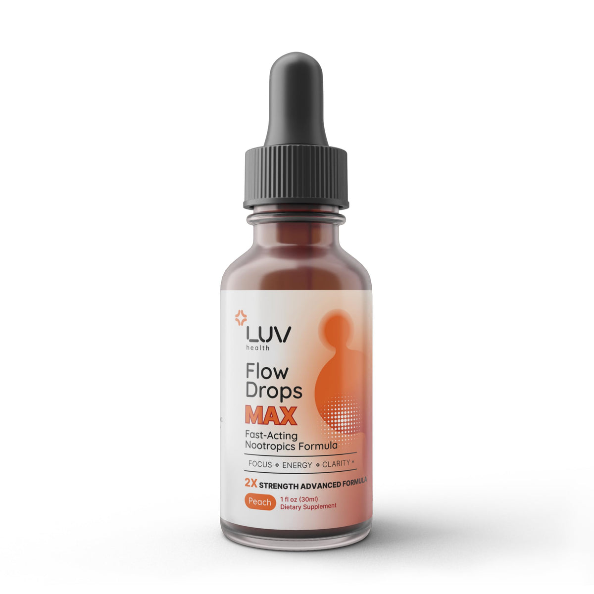 Bouteille de LUV health Flow Drops MAX vue de face avec étiquette