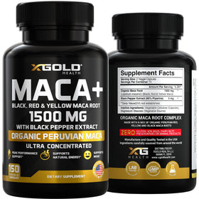 Bouteille de Maca Bio X Gold Health sur une table en bois