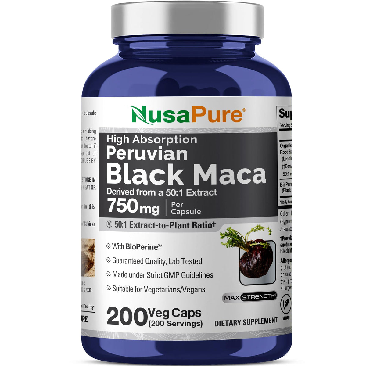 Bouteille de Maca Noire Péruvienne NusaPure 750 mg, vue de face