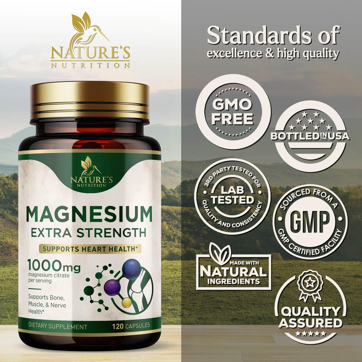 Bouteille de magnésium citrate Nature's Nutrition sur une table