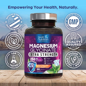 Bouteille de magnésium glycinate 250 mg avec étiquette visible