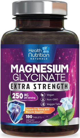 Bouteille de magnésium glycinate 250 mg de Health Nutrition Naturals, vue de face
