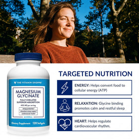 Bouteille de Magnésium Glycinate 400 mg de The Vitamin Shoppe avec gélules à côté