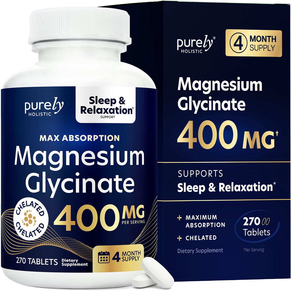 Bouteille de Magnésium Glycinate 400mg Purely Holistic, 270 comprimés