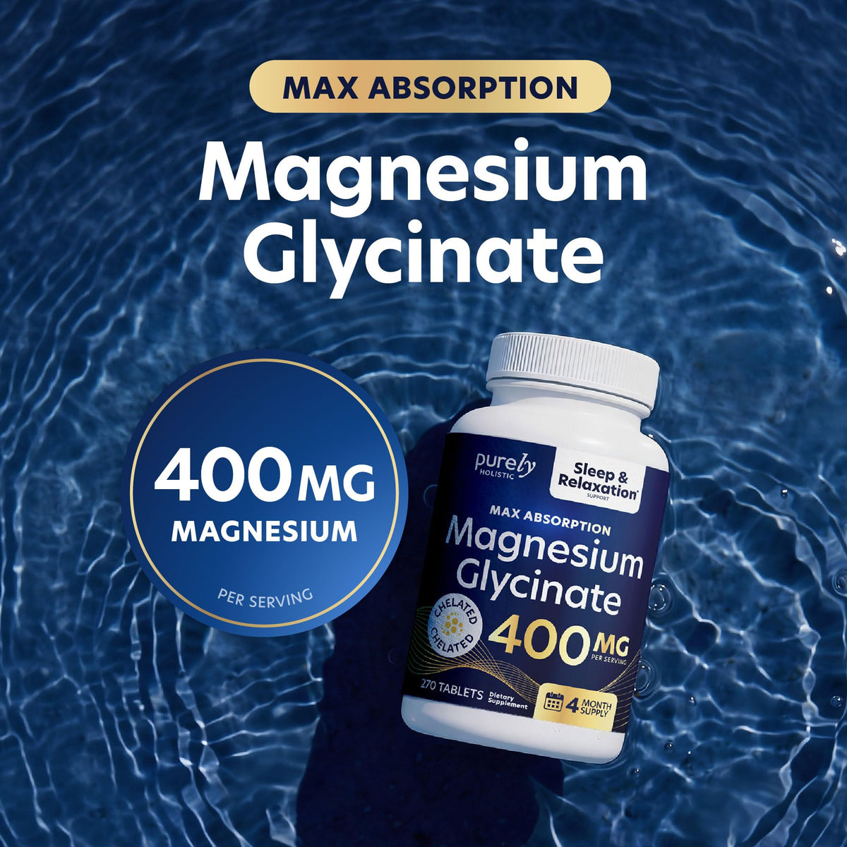 Bouteille de Magnésium Glycinate 400mg Purely Holistic avec étiquette visible