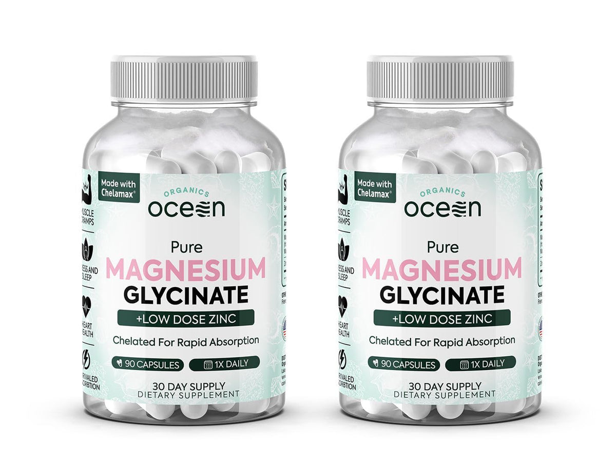 Bouteille de magnésium glycinate avec zinc d'Organics Ocean, vue de face