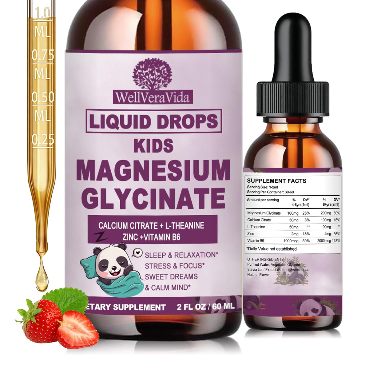 Bouteille de magnésium glycinate liquide WellVeraVida avec étiquette détaillée