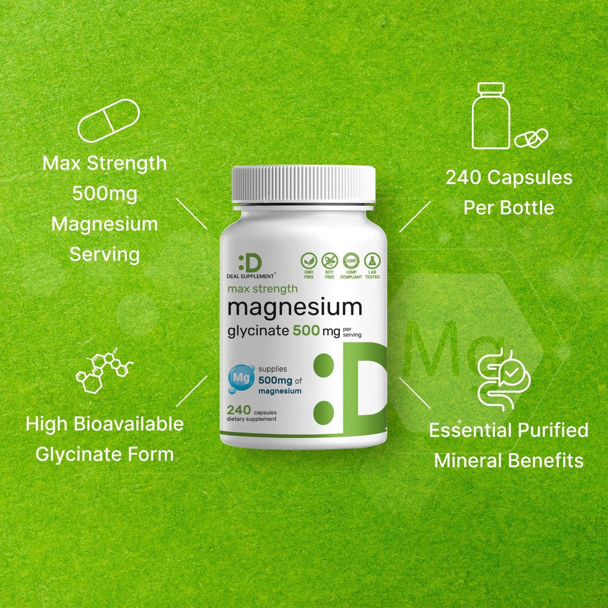 Bouteille de magnésium glycinate ouverte avec capsules visibles