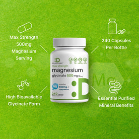 Bouteille de magnésium glycinate ouverte avec capsules visibles