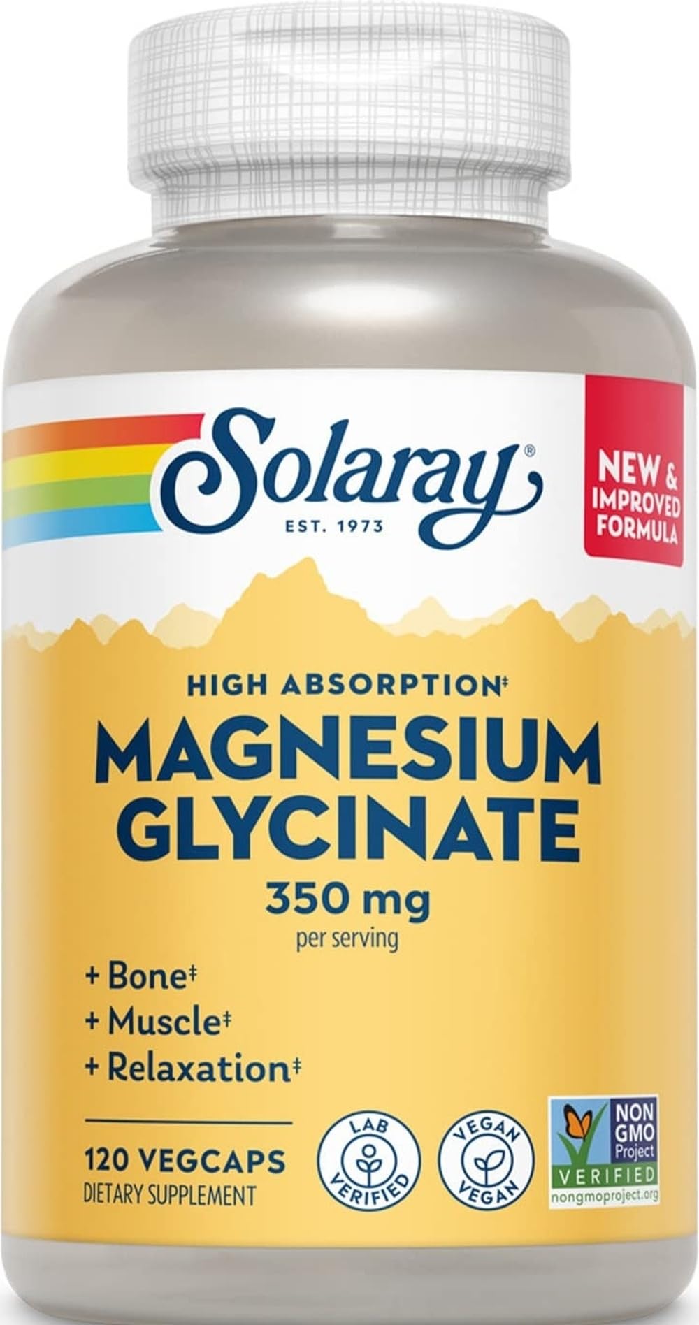 Bouteille de magnésium glycinate SOLARAY 350 mg 120 VegCaps vue de face