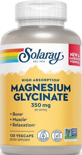 Bouteille de magnésium glycinate SOLARAY 350 mg 120 VegCaps vue de face