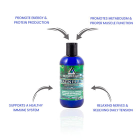 Bouteille de magnésium liquide Mother Earth Minerals avec gouttes visibles