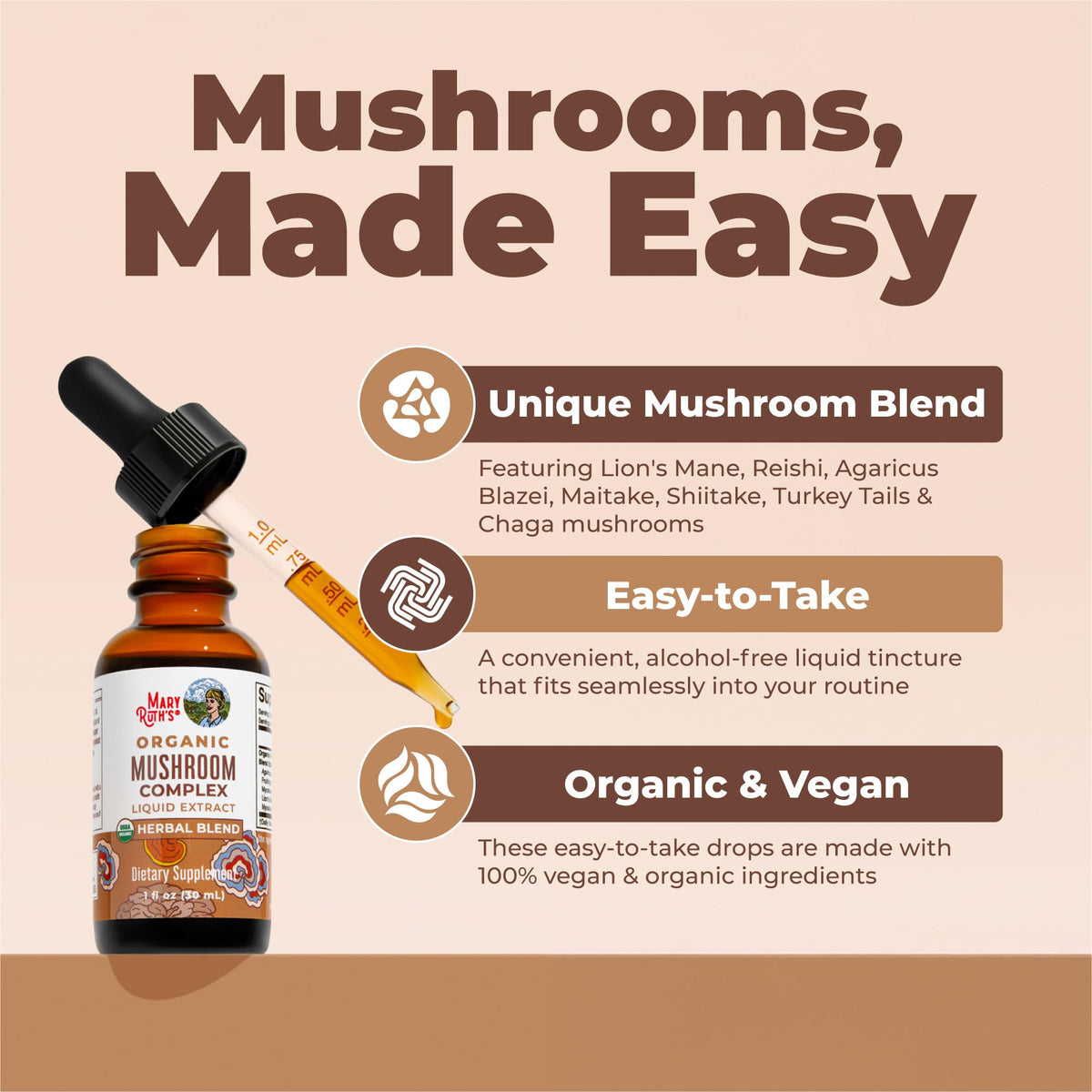 Bouteille de MARYRUTH'S Complexe de Champignons Biologiques avec verre d'eau